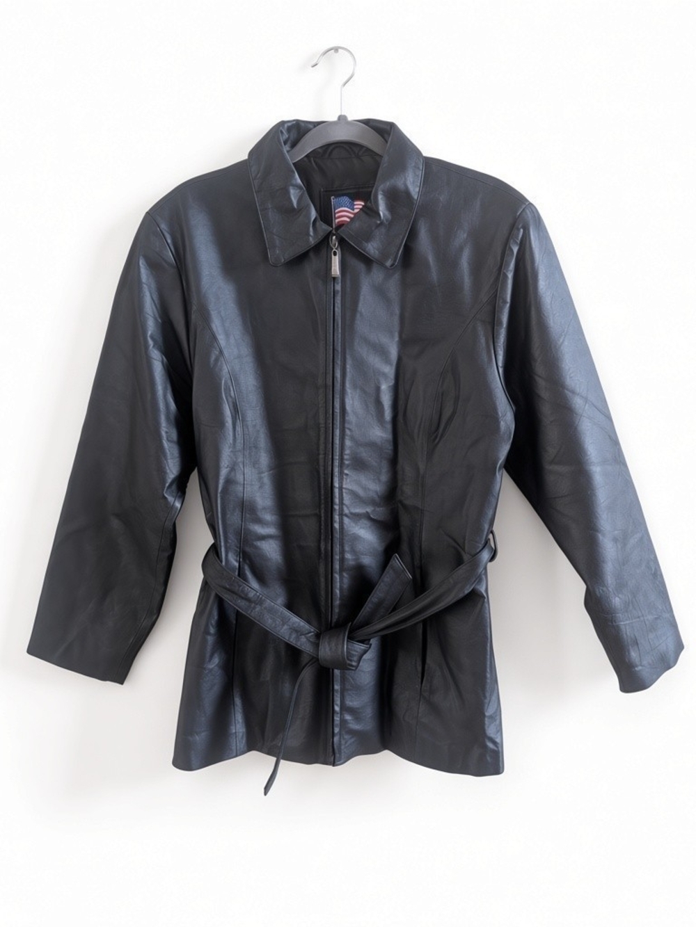 Leather U.S.A. Vintage Black Genuine Leather Belted Zip Jacket Size M